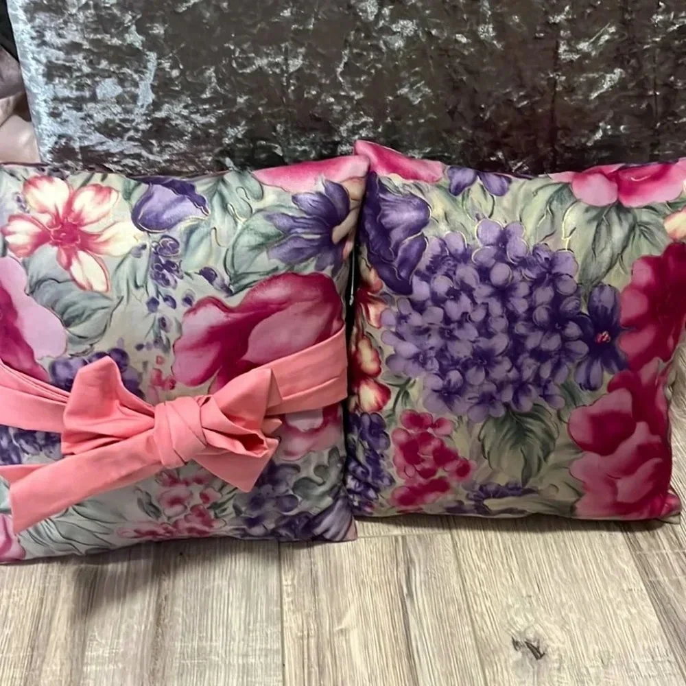 Vintage pillows bows floral pink green purple gold rare retro ribbon tie up